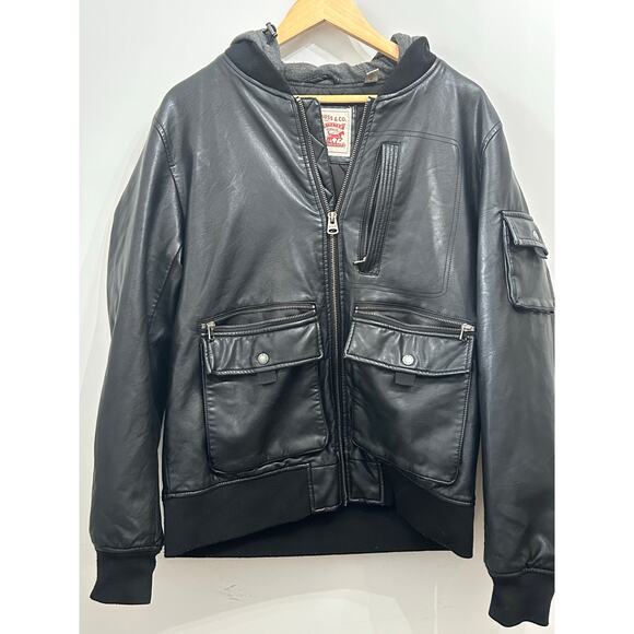 Levi’s Leather Jacket Black Hooded Coat Quilted Lined Medium - Picture 1 of 11